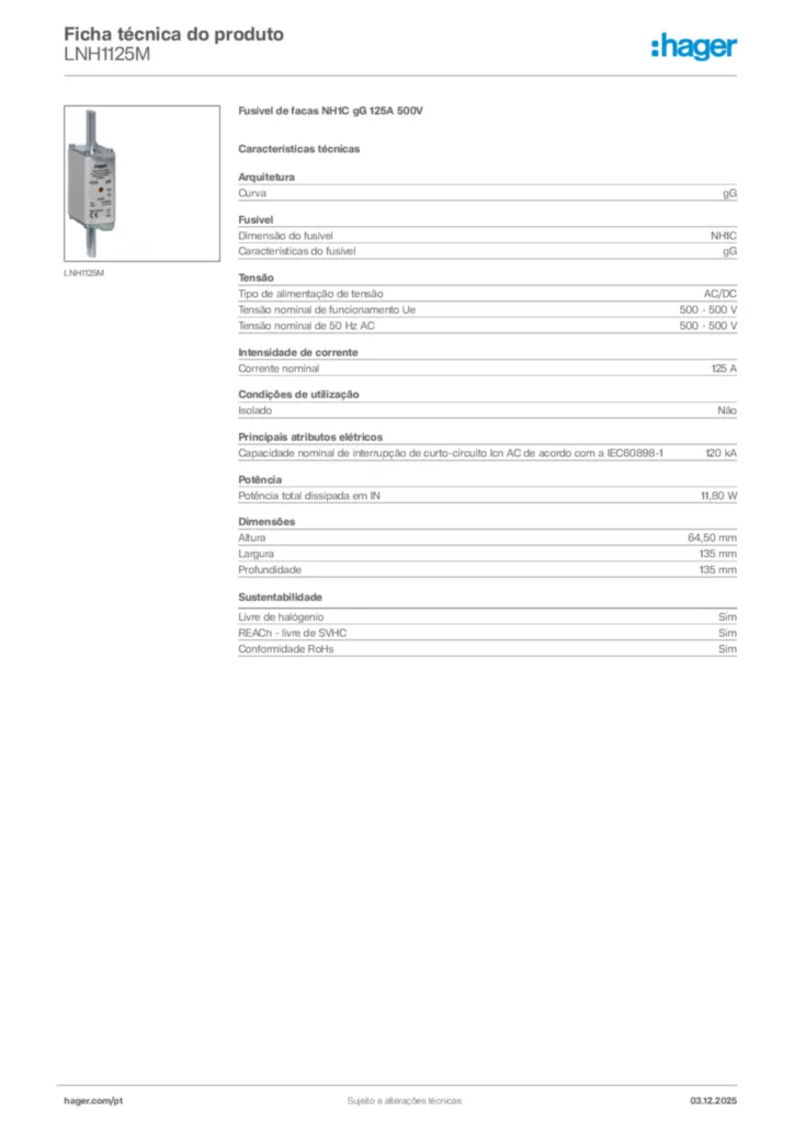 Imagem Hager Ficha técnica do produto LNH1125M | Hager Portugal