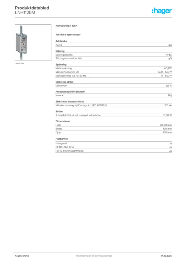 Bild Hager Produktdatablad LNH1125M | Hager Sverige