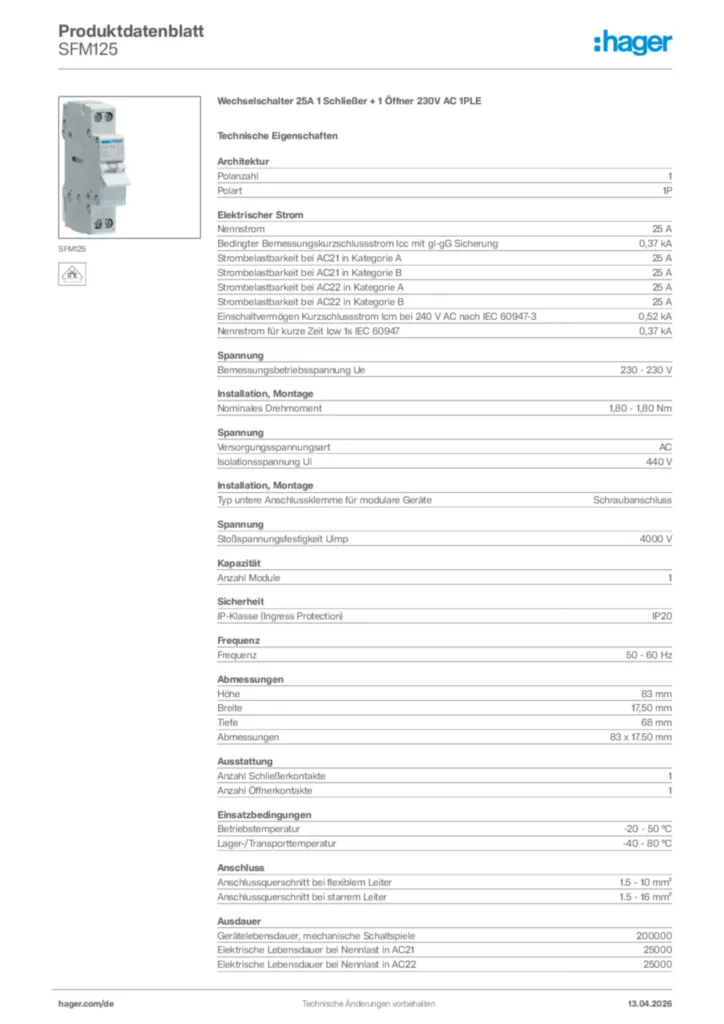 Bild Hager Produktdatenblatt SFM125 | Hager Deutschland
