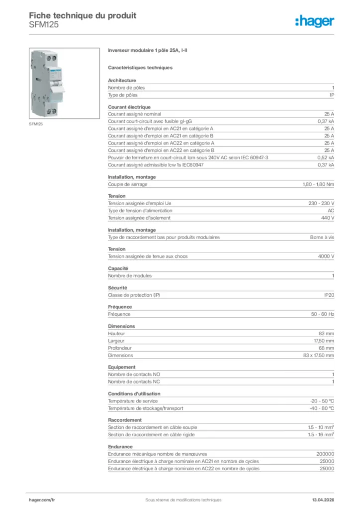 Image Hager Fiche technique du produit SFM125 | Hager France