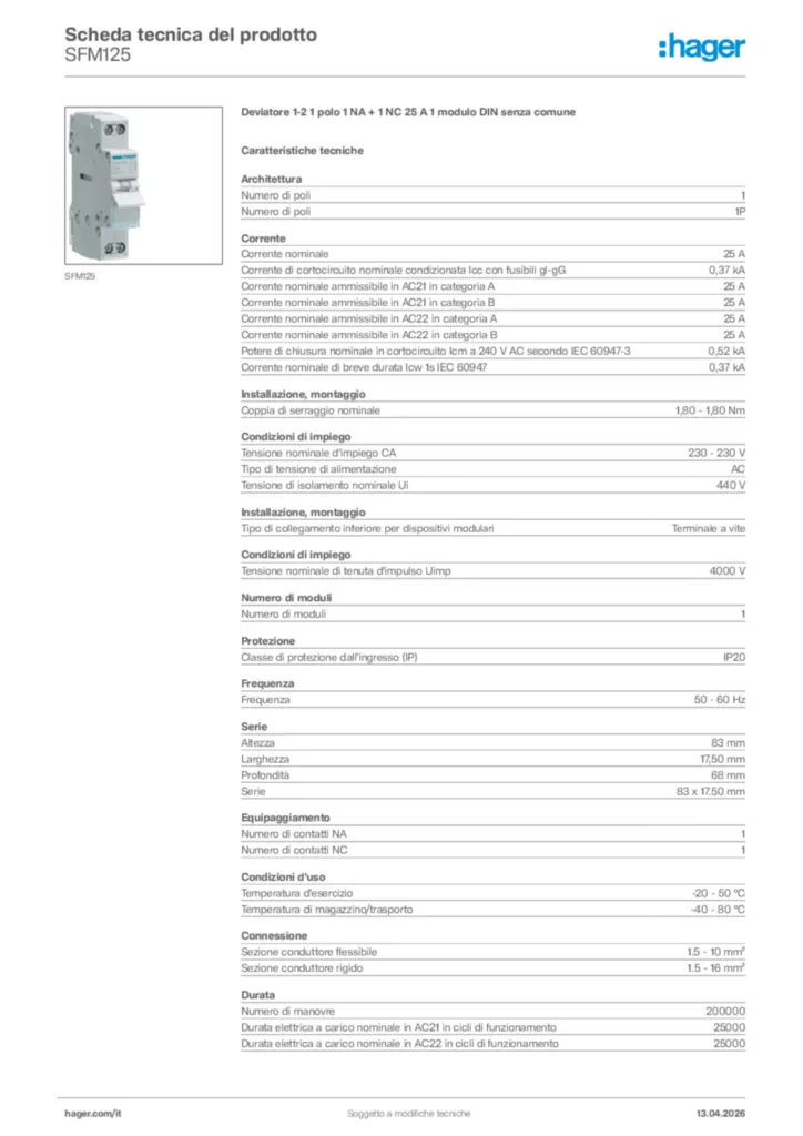 Immagine Hager Scheda tecnica del prodotto SFM125 | Hager Italia