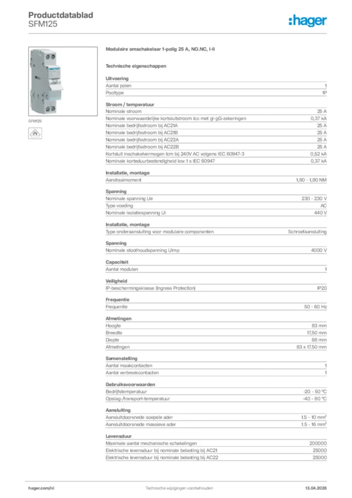 Afbeelding Hager Productdatablad SFM125 | Hager Nederland