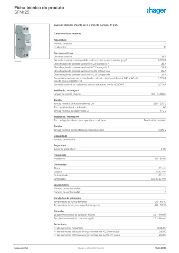Imagem Hager Ficha técnica do produto SFM125 | Hager Portugal