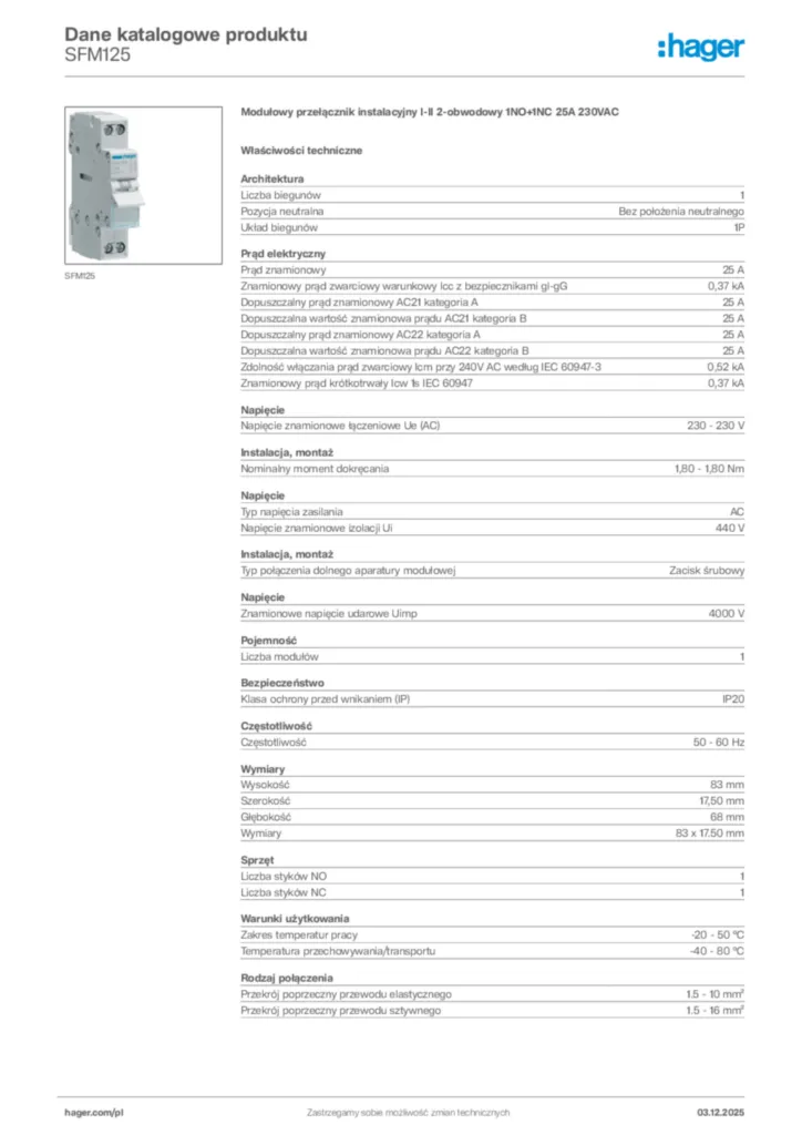 Zdjęcie Hager Dane katalogowe produktu SFM125 | Hager Polska