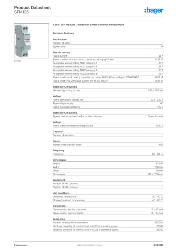 Image Hager Product data sheet SFM125  | Hager New Zealand