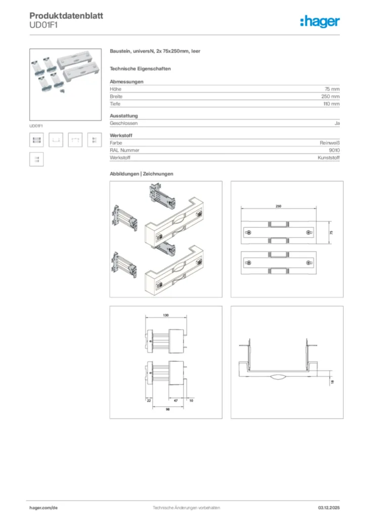 Bild Hager Produktdatenblatt UD01F1 | Hager Deutschland