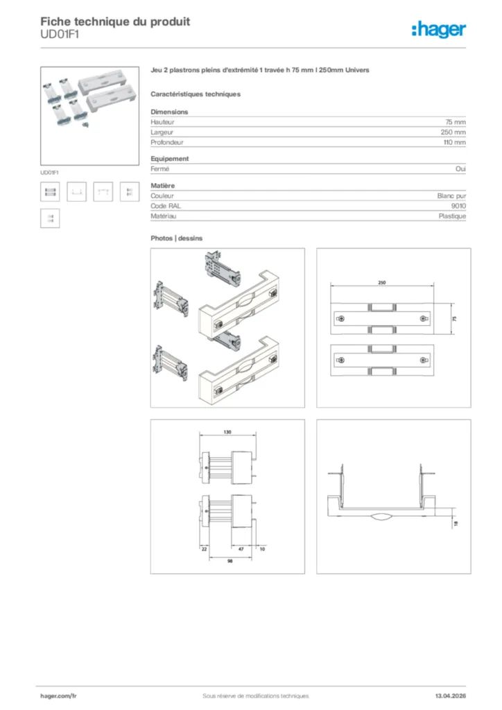 Image Hager Fiche technique du produit UD01F1 | Hager France