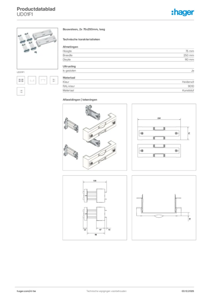 Afbeelding Hager Productdatablad UD01F1 | Hager Belgium