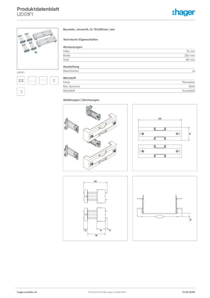 Bild Hager Produktdatenblatt UD01F1 | Hager Schweiz