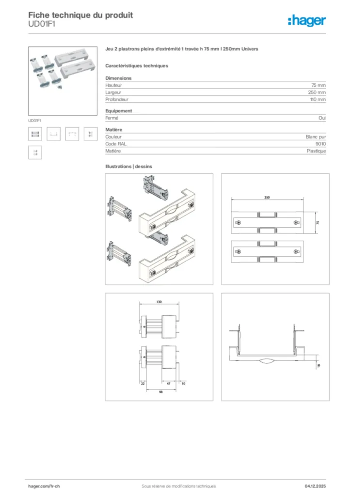Image Hager Fiche technique du produit UD01F1 | Hager Suisse