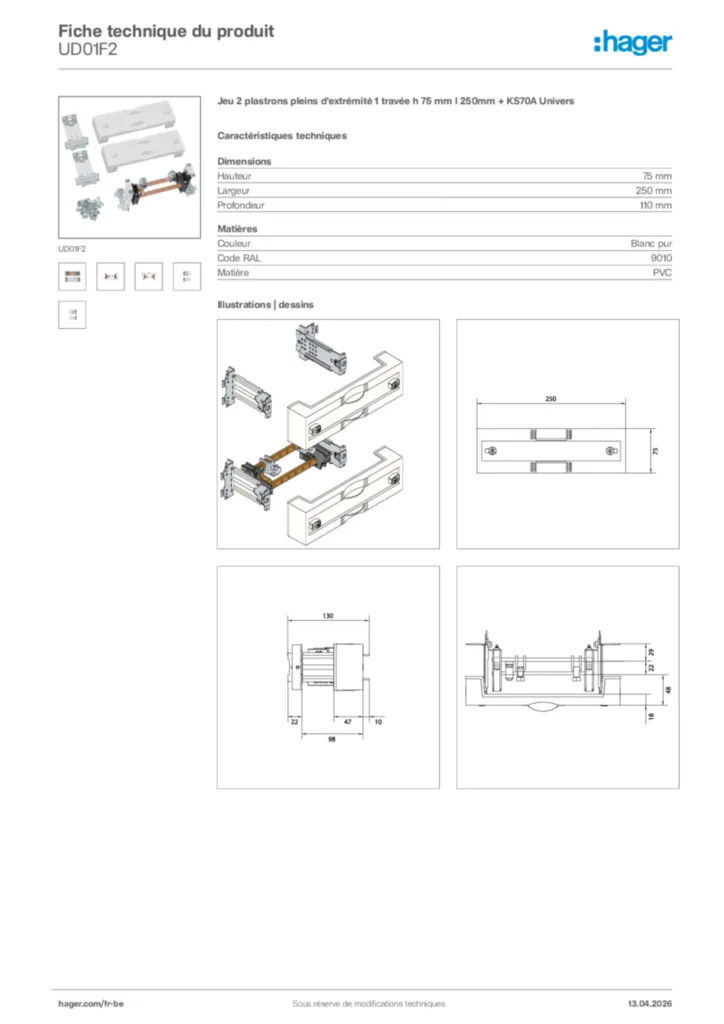 Image Hager Fiche technique du produit UD01F2 | Hager Belgique