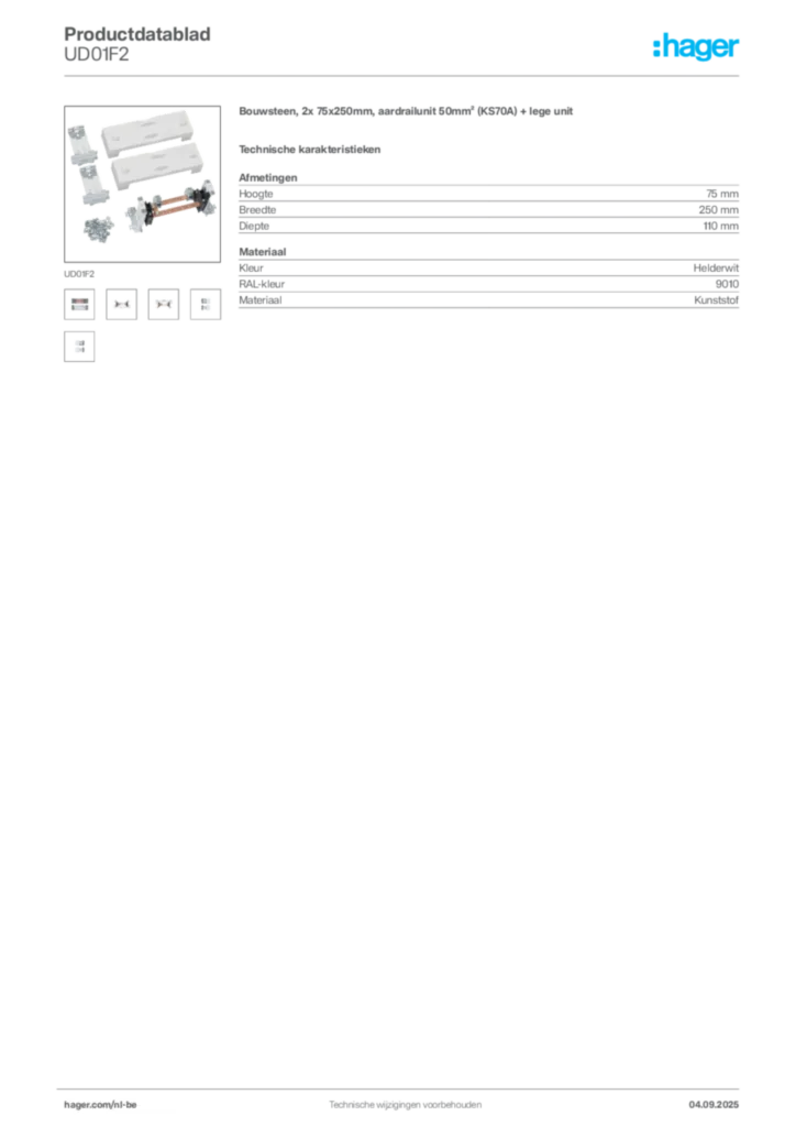 Afbeelding Hager Productdatablad UD01F2 | Hager Belgium