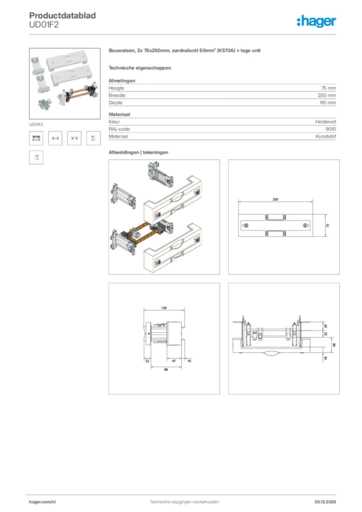 Afbeelding Hager Productdatablad UD01F2 | Hager Nederland