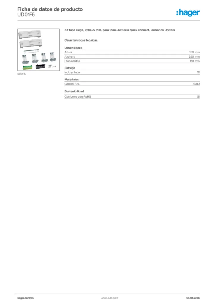 Imagen Hager Ficha de datos de producto UD01F5 | Hager España