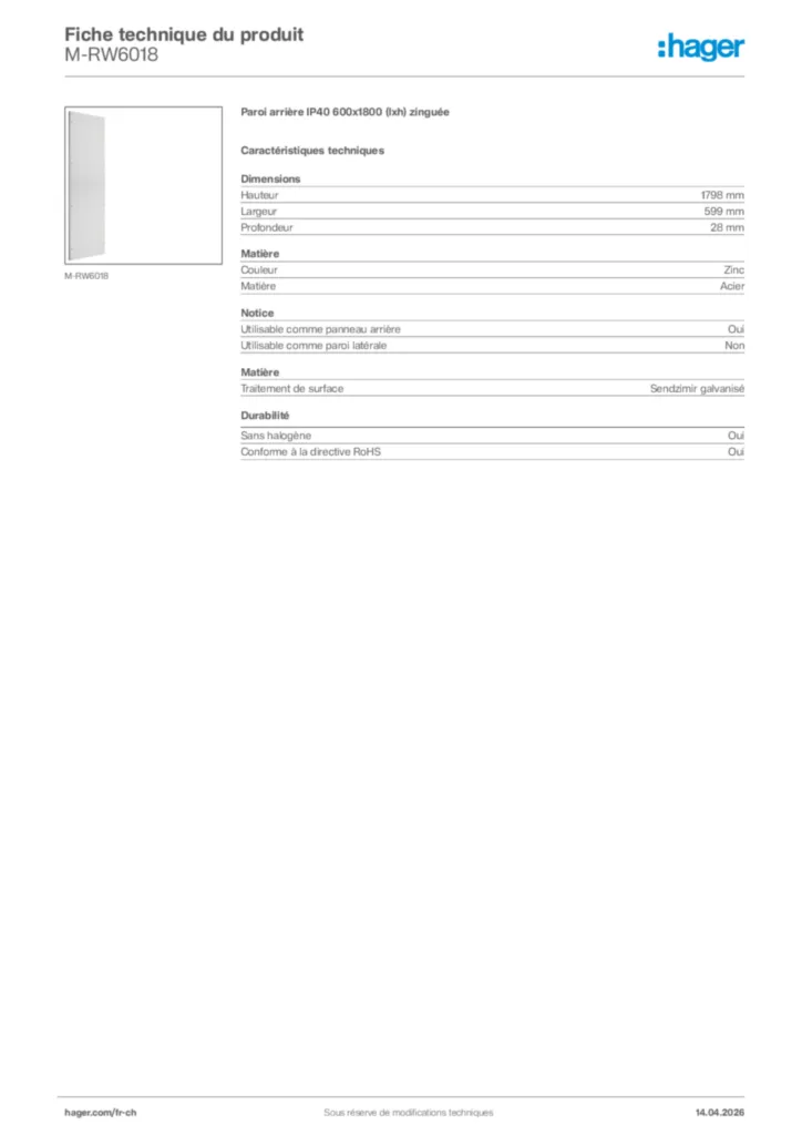 Image Hager Fiche technique du produit M-RW6018 | Hager Suisse