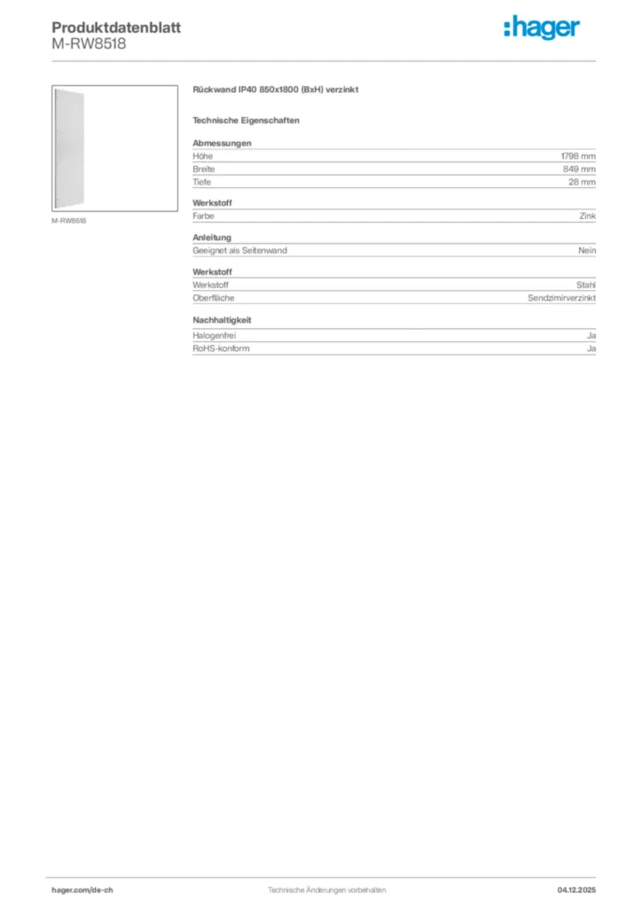 Bild Hager Produktdatenblatt M-RW8518 | Hager Schweiz