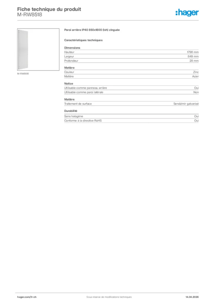 Image Hager Fiche technique du produit M-RW8518 | Hager Suisse