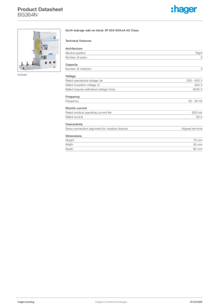 Image Hager Product data sheet BG364N  | Hager