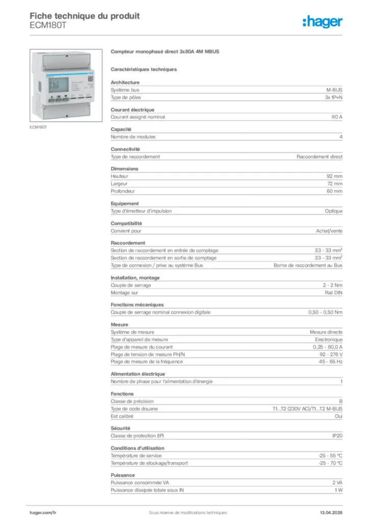 Image Hager Fiche technique du produit ECM180T | Hager France