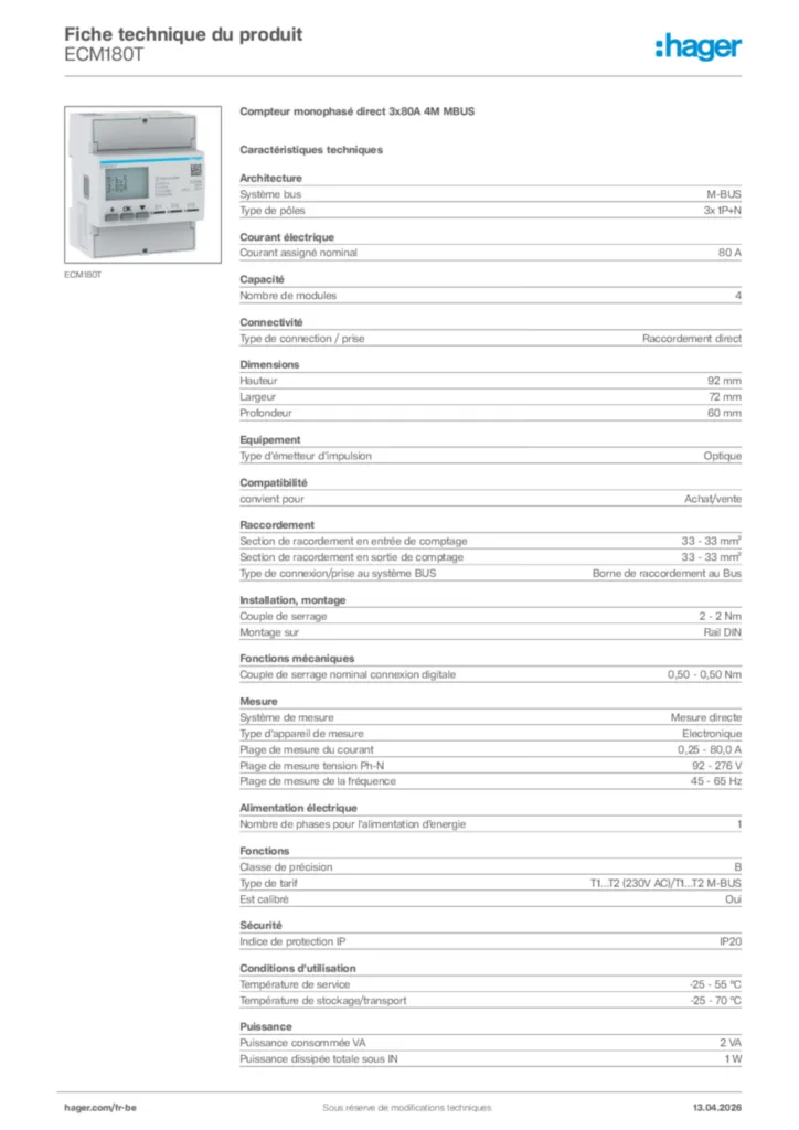 Image Hager Fiche technique du produit ECM180T | Hager Belgique