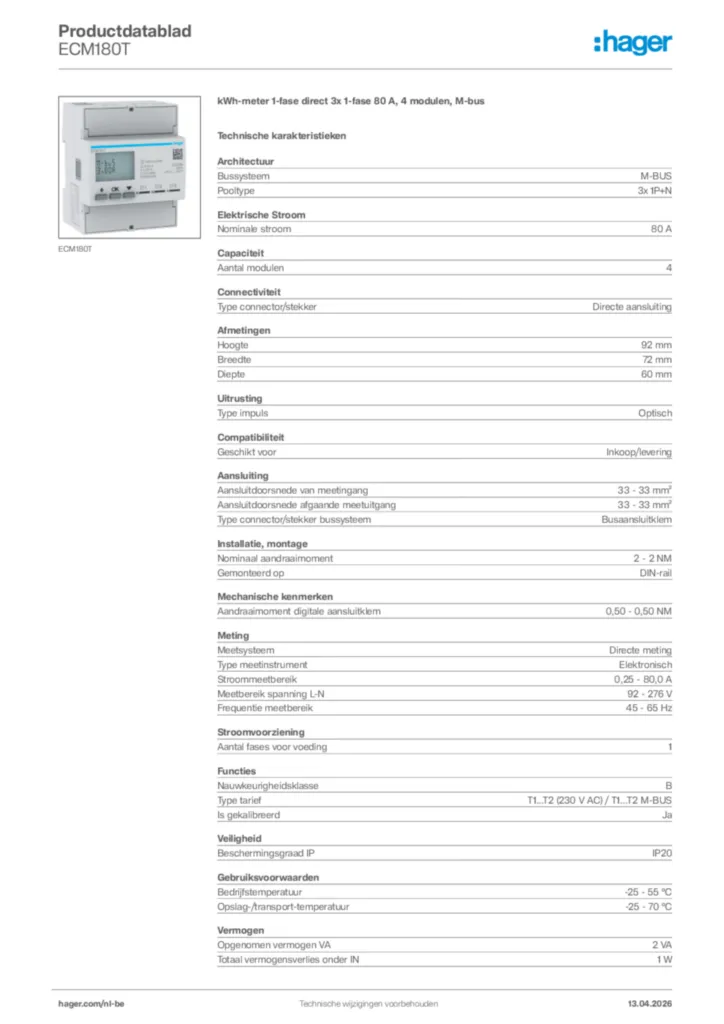 Afbeelding Hager Productdatablad ECM180T | Hager Belgium
