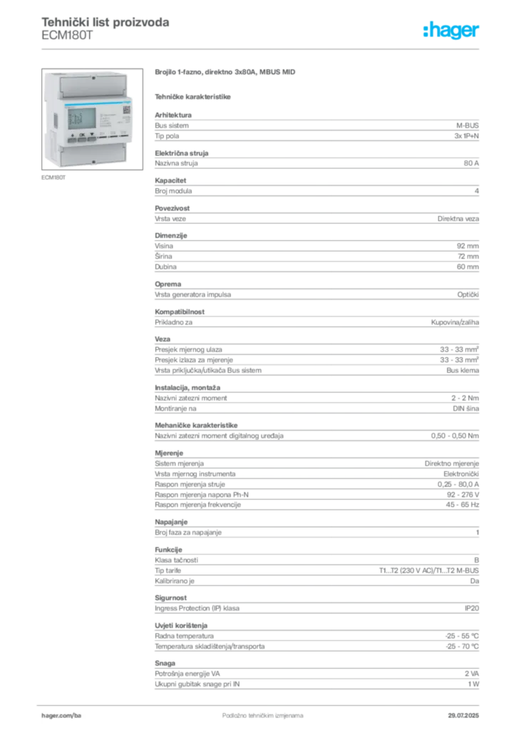 Slika Hager Product data sheet ECM180T  | Hager