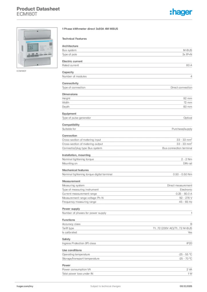 Image Hager Product data sheet ECM180T  | Hager