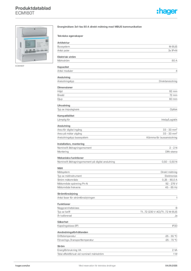 Bild Hager Produktdatablad ECM180T | Hager Sverige