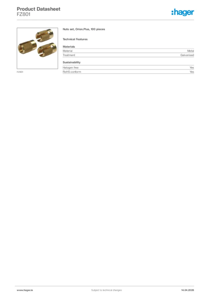 Image Hager Product data sheet FZ801  | Hager