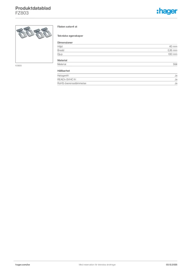 Bild Hager Produktdatablad FZ803 | Hager Sverige