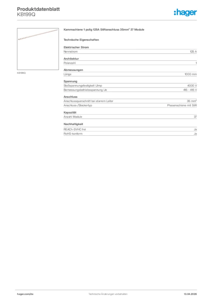 Bild Hager Produktdatenblatt KB199Q | Hager Deutschland