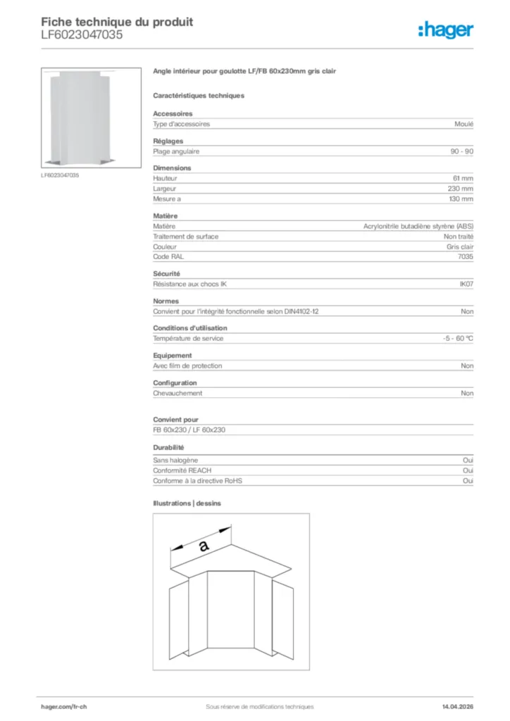 Image Hager Fiche technique du produit LF6023047035 | Hager Suisse