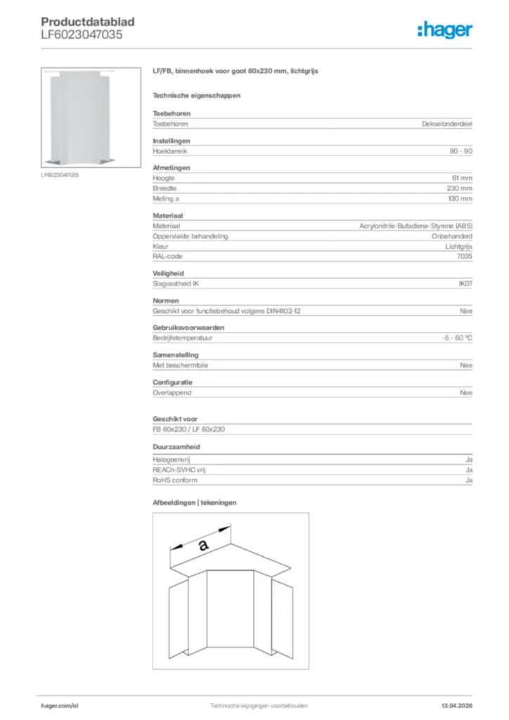 Afbeelding Hager Productdatablad LF6023047035 | Hager Nederland