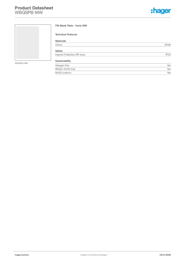 Image Hager Product data sheet WBQSPB-MW  | Hager New Zealand