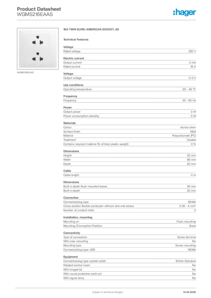 Image Hager Product data sheet WGMS216EAAS  | Hager Africa