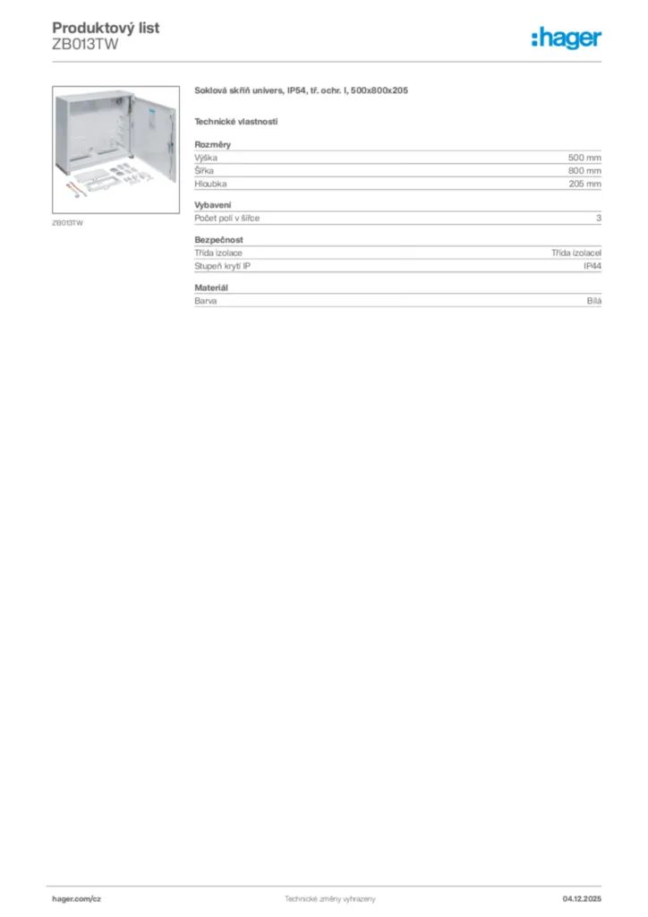Obrázek Hager Product data sheet ZB013TW | Hager
