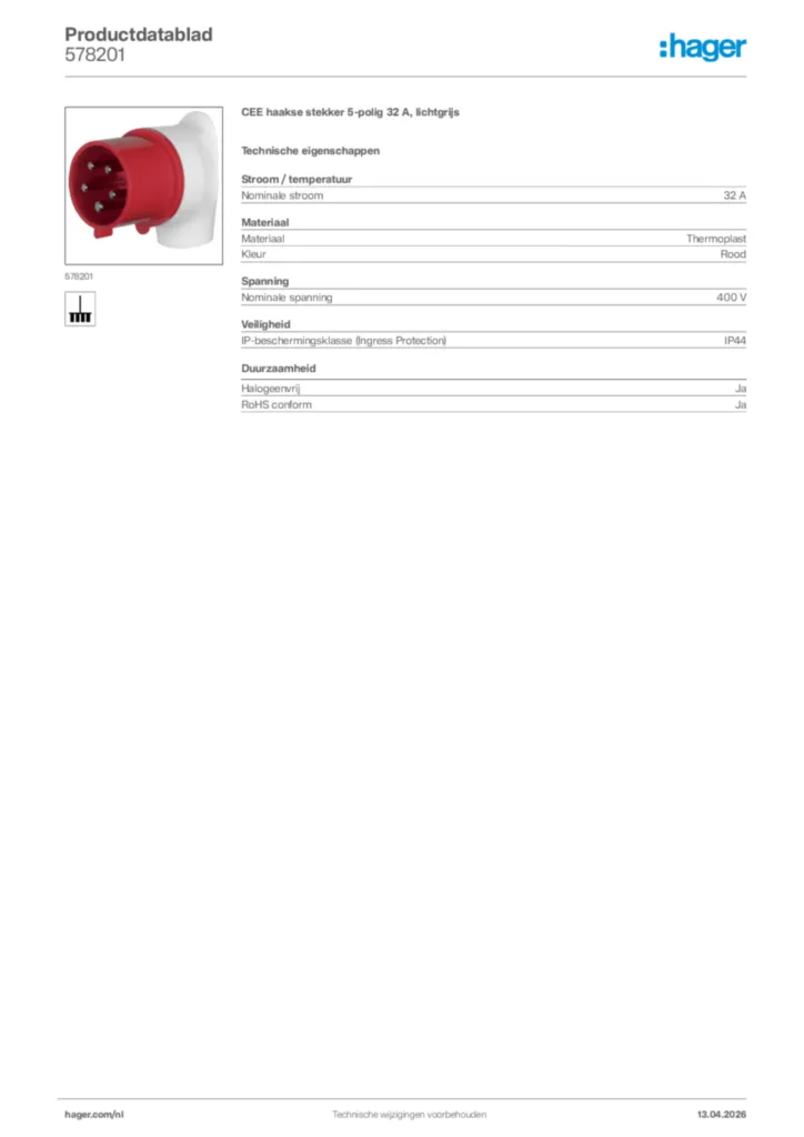 Afbeelding Hager Productdatablad 578201 | Hager Nederland
