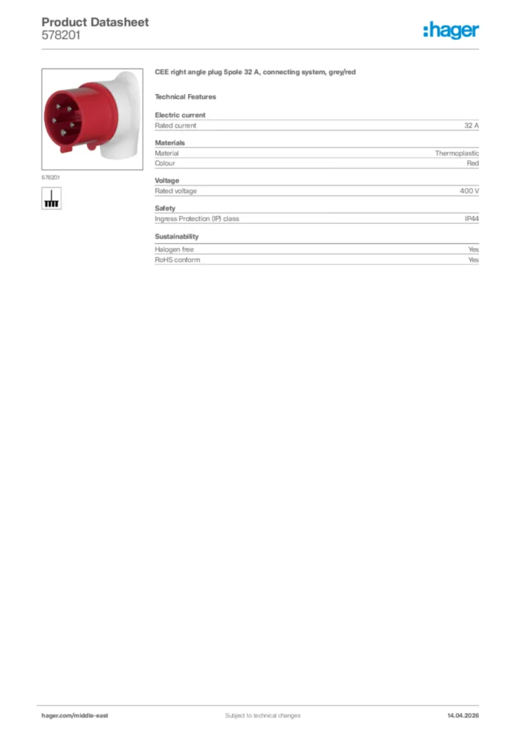 Image Hager Product data sheet 578201  | Hager