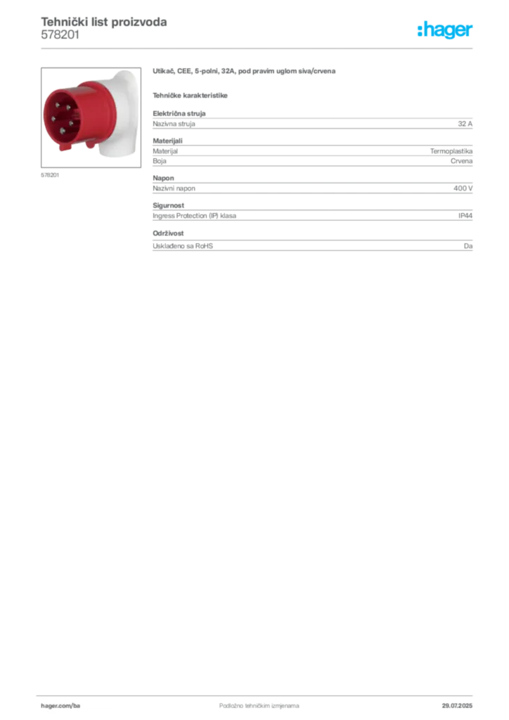 Slika Hager Product data sheet 578201  | Hager