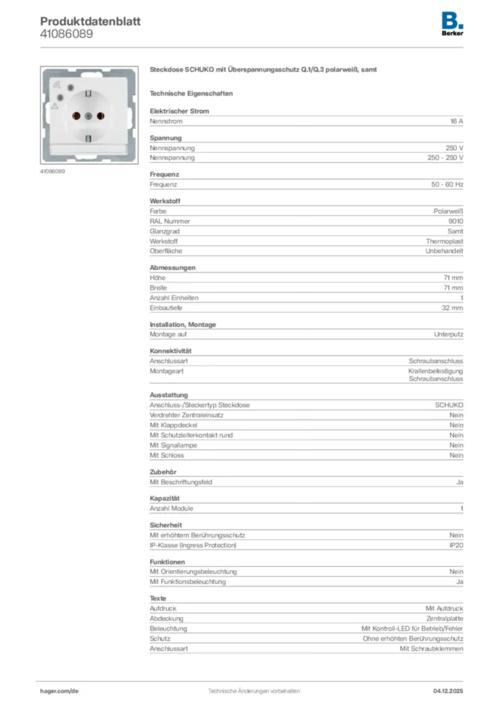 Bild Berker Produktdatenblatt 41086089 | Hager Deutschland