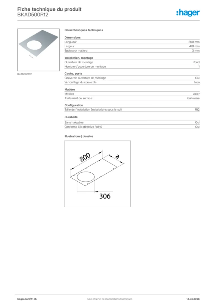 Image Hager Fiche technique du produit BKAD500R12 | Hager Suisse
