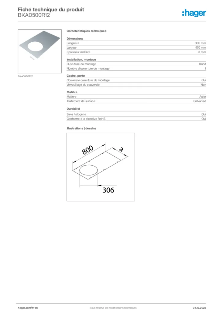 Image Hager Fiche technique du produit BKAD500R12 | Hager Suisse