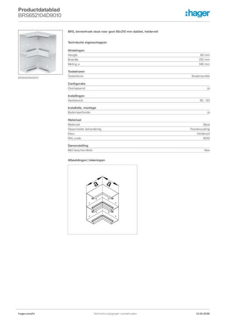 Afbeelding Hager Productdatablad BRS652104D9010 | Hager Nederland