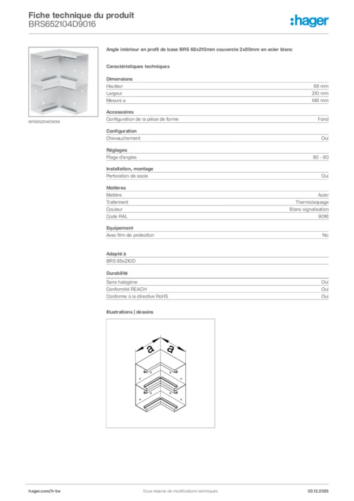Image Hager Fiche technique du produit BRS652104D9016 | Hager Belgique
