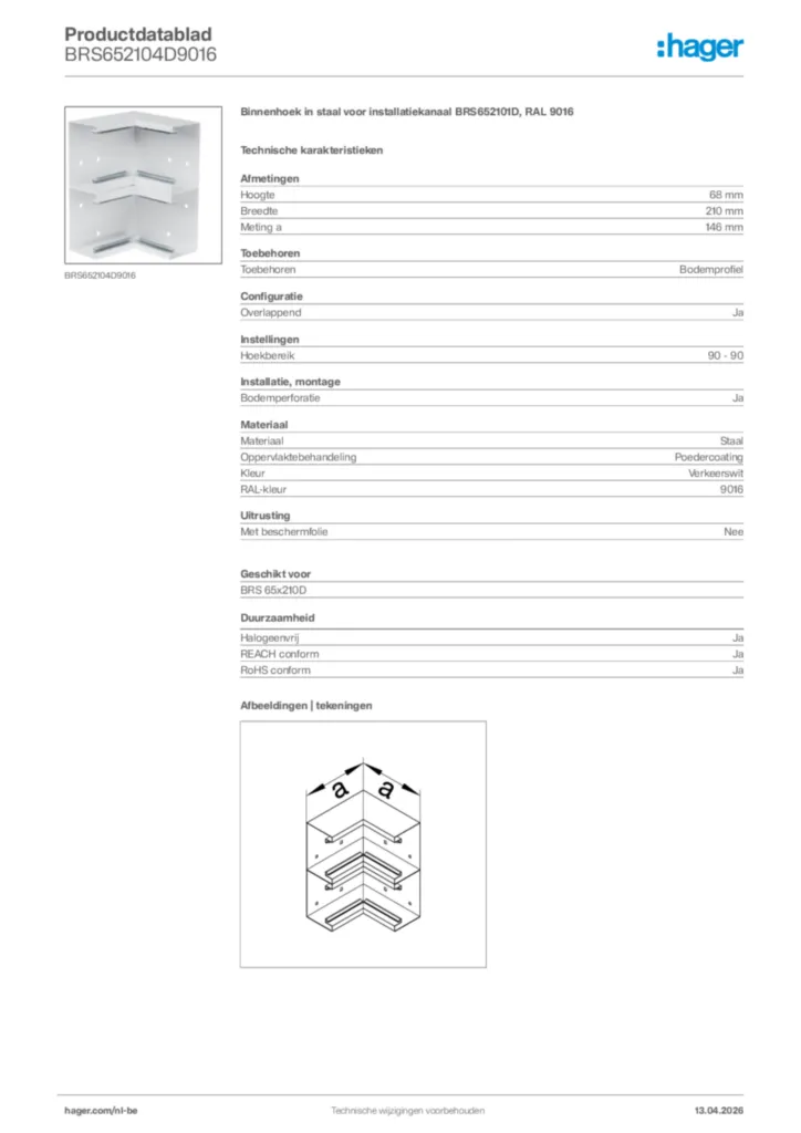 Afbeelding Hager Productdatablad BRS652104D9016 | Hager Belgium