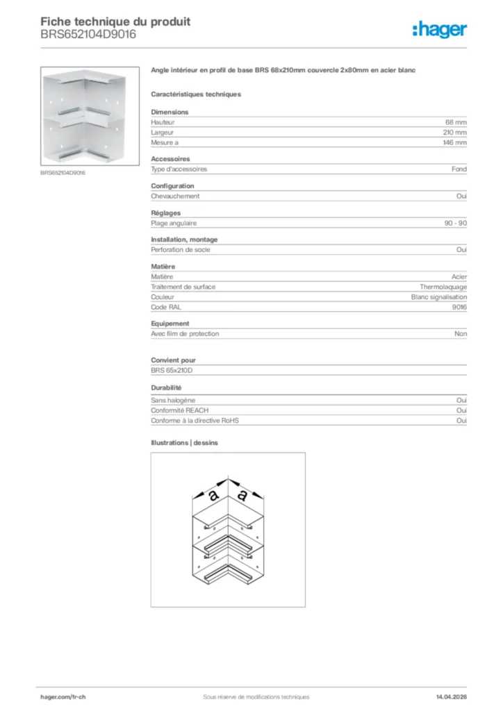 Image Hager Fiche technique du produit BRS652104D9016 | Hager Suisse