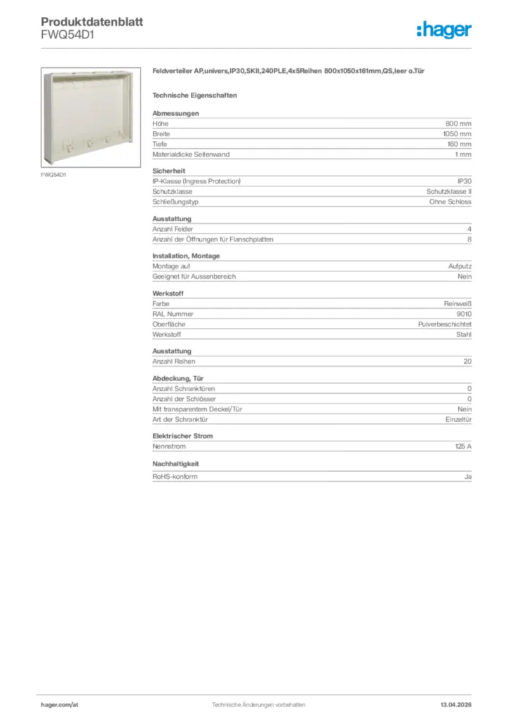 Bild Hager Produktdatenblatt FWQ54D1 | Hager Deutschland