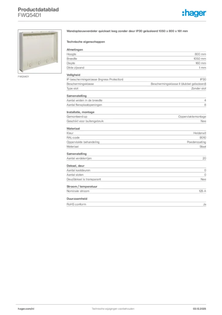 Afbeelding Hager Productdatablad FWQ54D1 | Hager Nederland