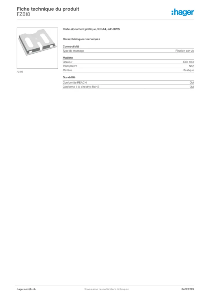 Image Hager Fiche technique du produit FZ818 | Hager Suisse