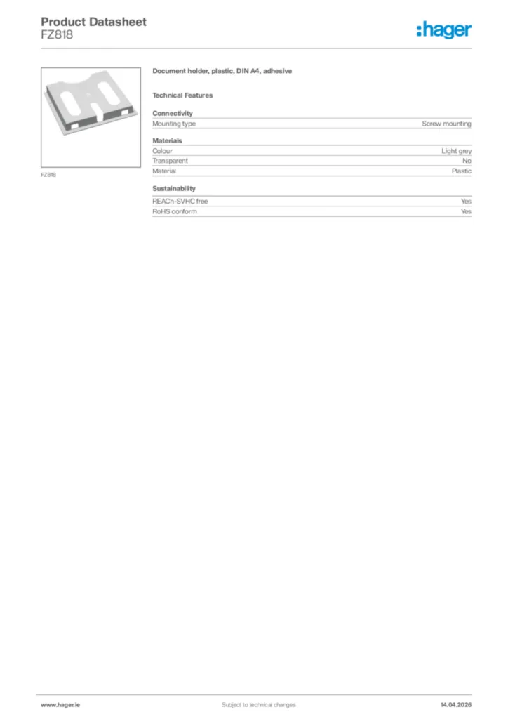 Image Hager Product data sheet FZ818  | Hager